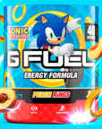 G FUEL Energy, Peach rings, tub, product front with matching background and fruits