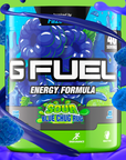 G FUEL Energy, Sour blue chug rug, tub, product front with matching background and berries, blue raspberry