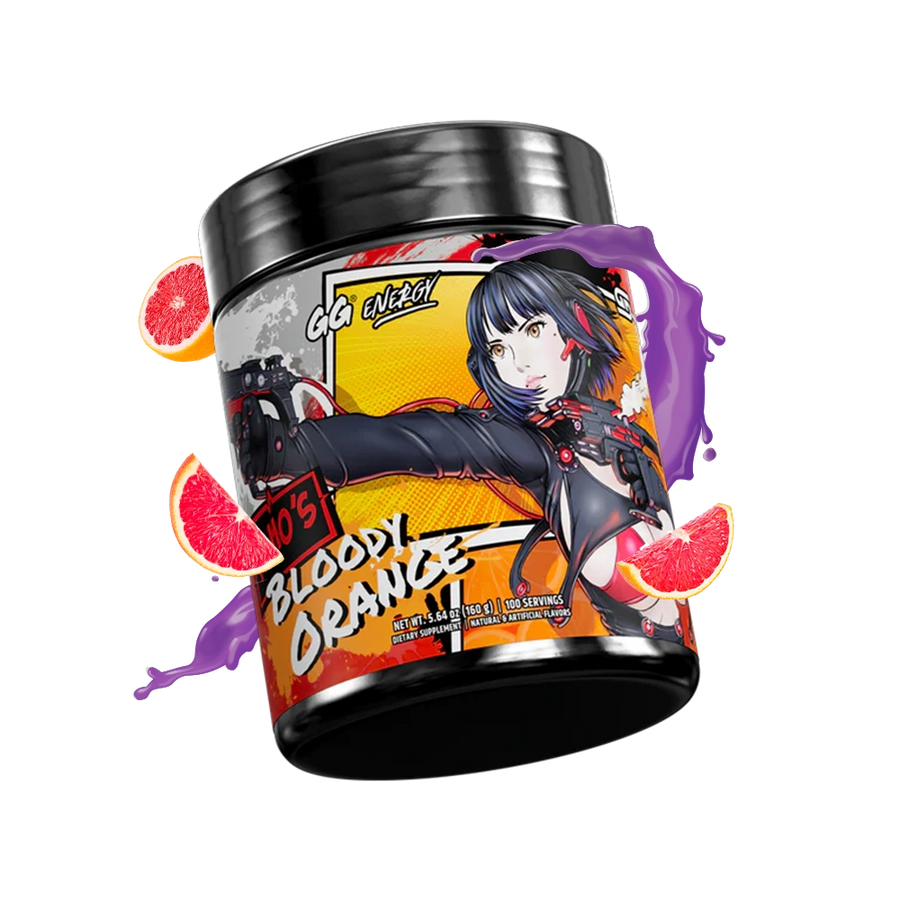 Gamersupps energy, Bloody Orange, tub,  product front with fruits