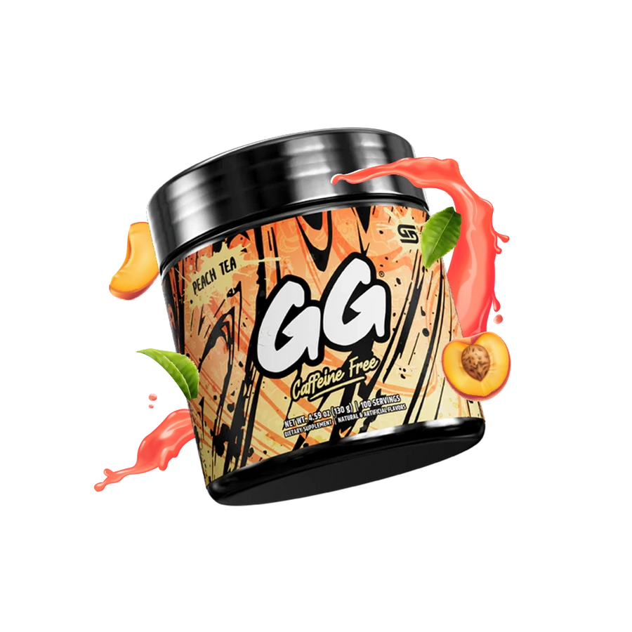 Gamersupps caffeine free, Peach Tea, tub,  product front with fruits