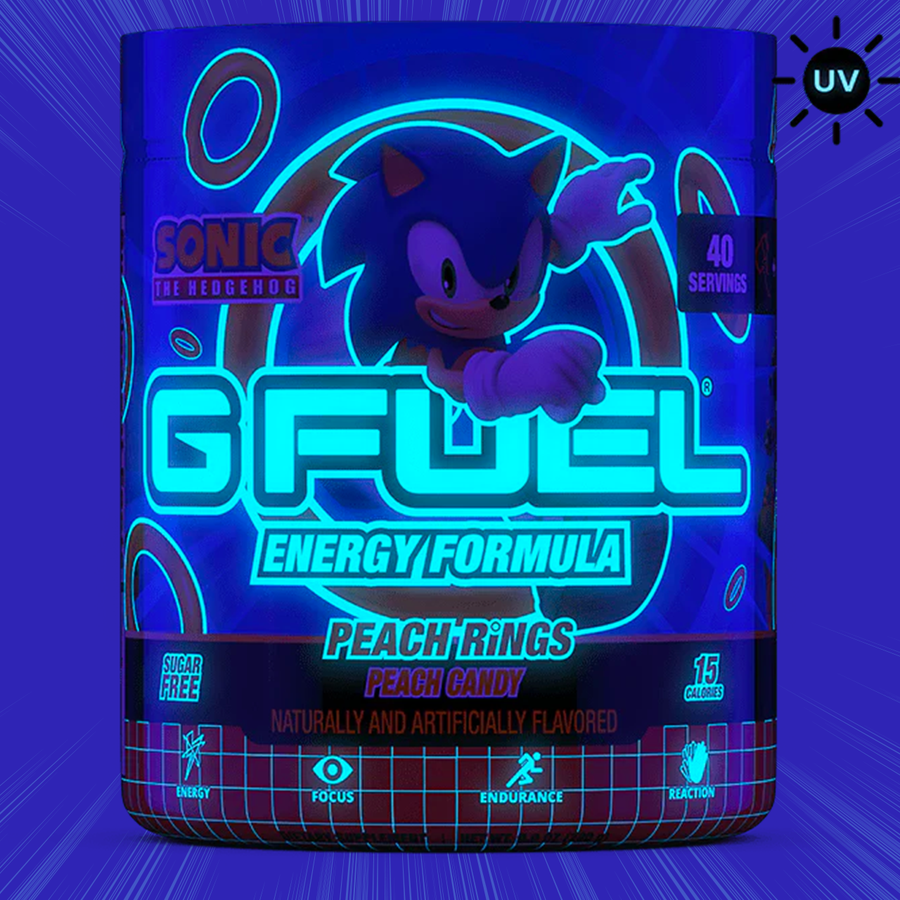 G FUEL Energy, Sonic, Peach Rings, Black light edition, tub, product front with matching background