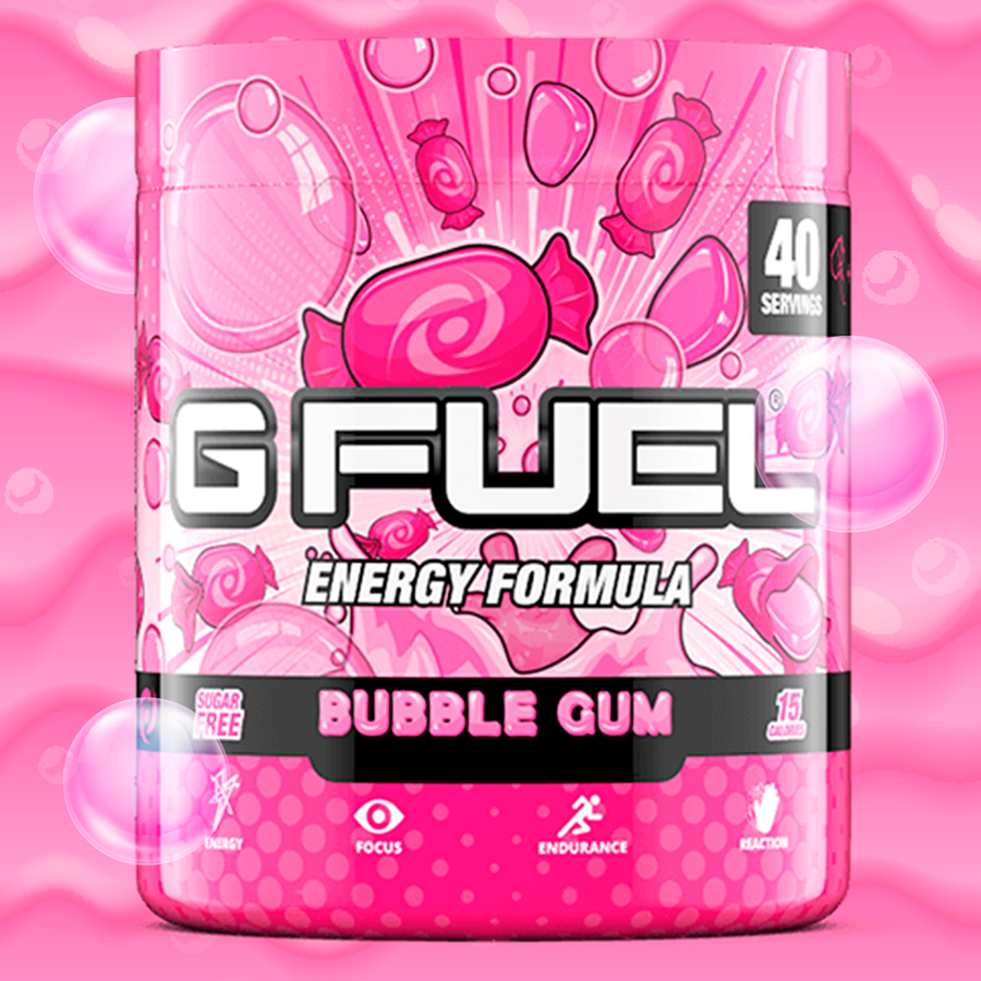 G FUEL energy, Bubble gum, tub,  product front with pink bubble gum bobbles