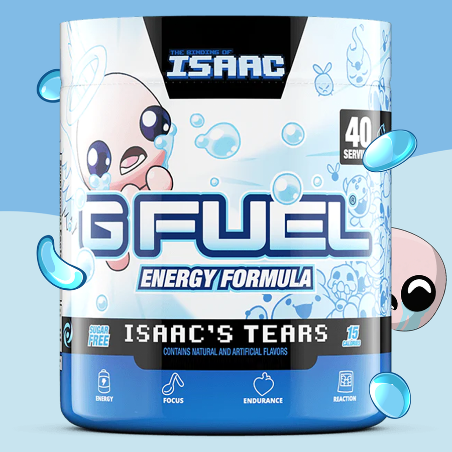 G FUEL energy, Isaac's tears, tub,  product front with matching background