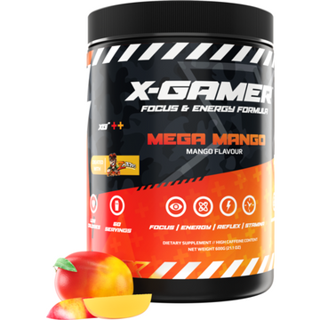 Orange, sort og hvit X-Gamer tub, Mega Mango og bilde av mango frukt. Foto